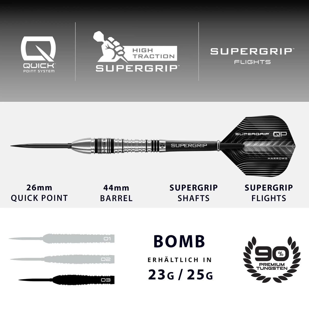 Harrows Supergrip QP Bomb 90% Tungsten Steeldarts Quick Point