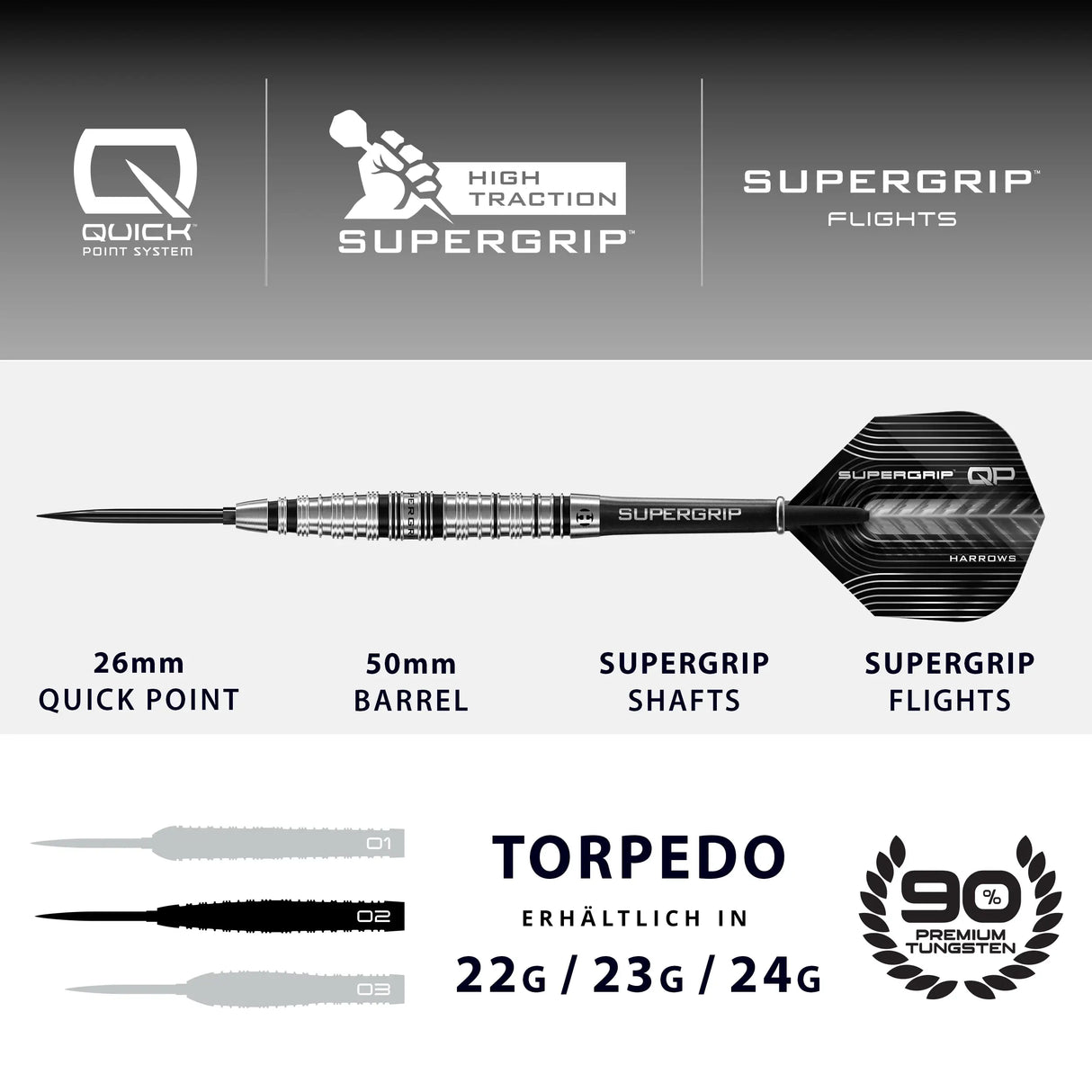 Harrows Supergrip QP Torpedo 90% Tungsten Steeldarts Quick Point